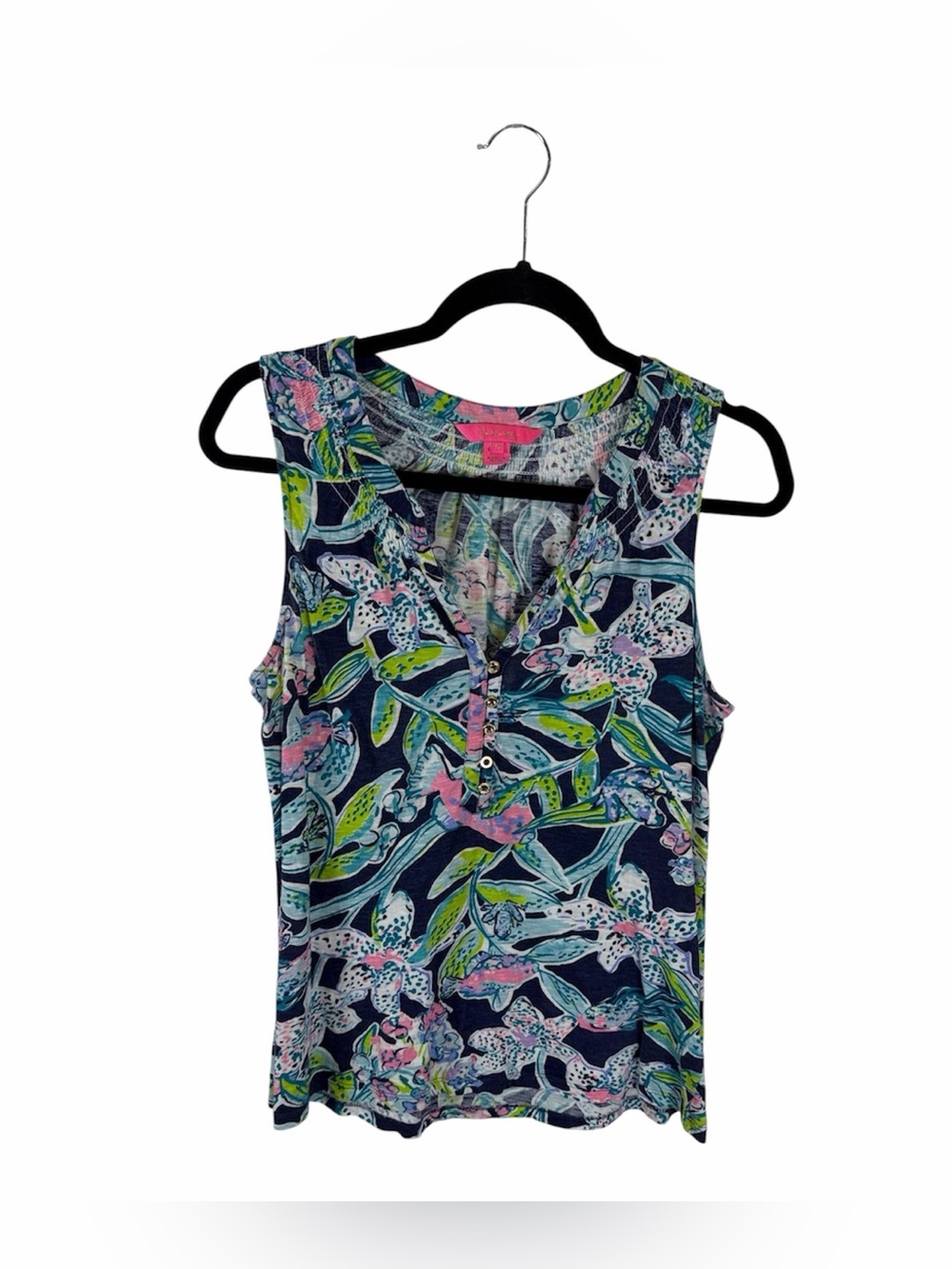 Lilly Pulitzer v neck navy blue floral Essie tank size Medium